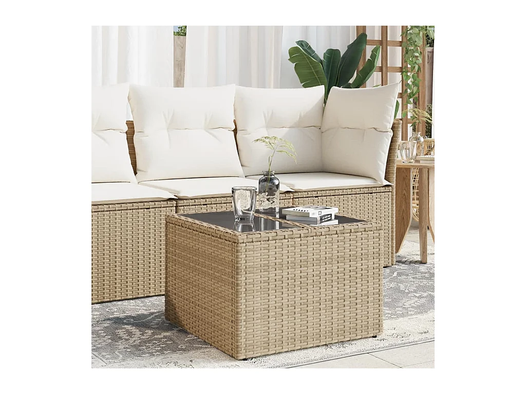 Tuintafel met beige glazen blad 55x55x37cm geweven hars