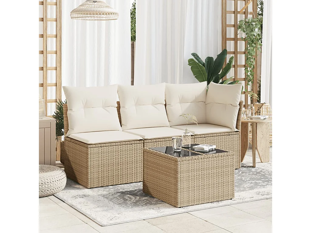 Tuintafel met beige glazen blad 55x55x37cm geweven hars