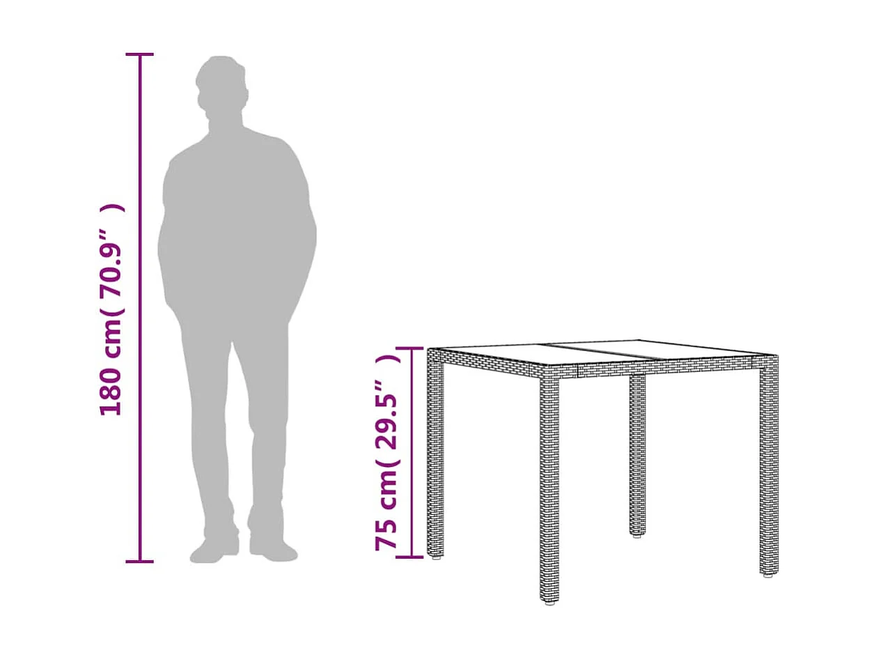 Tuintafel met glazen blad, grijs, 90x90x75 cm, gevlochten hars