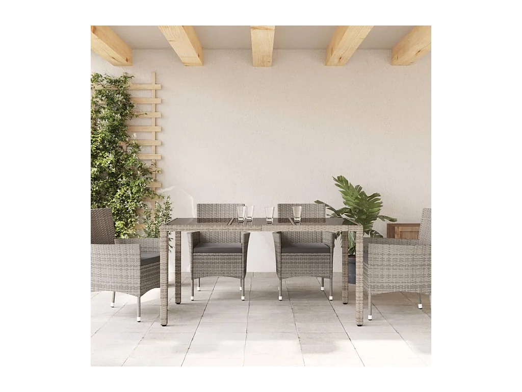 Tuintafel met glazen blad, grijs, 150x90x75cm, geweven hars