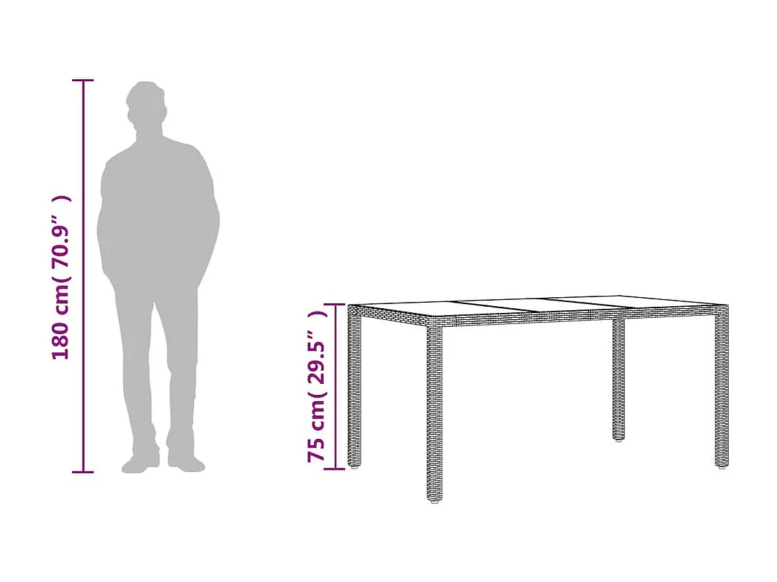 Mesa de jardín con tablero de cristal, Gris, 150x90x75cm, resina trenzada