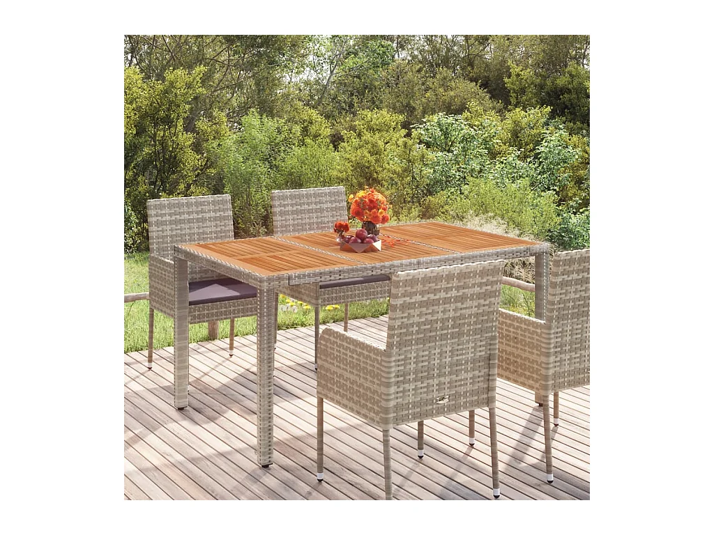 Tuintafel met houten blad, grijs, 150x90x75 cm, gevlochten hars