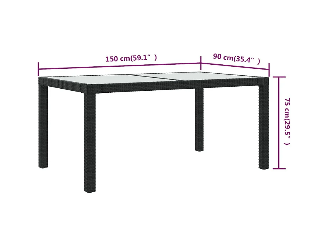 Tuintafel 150x90x75cm Gehard glas en geweven hars Zwart