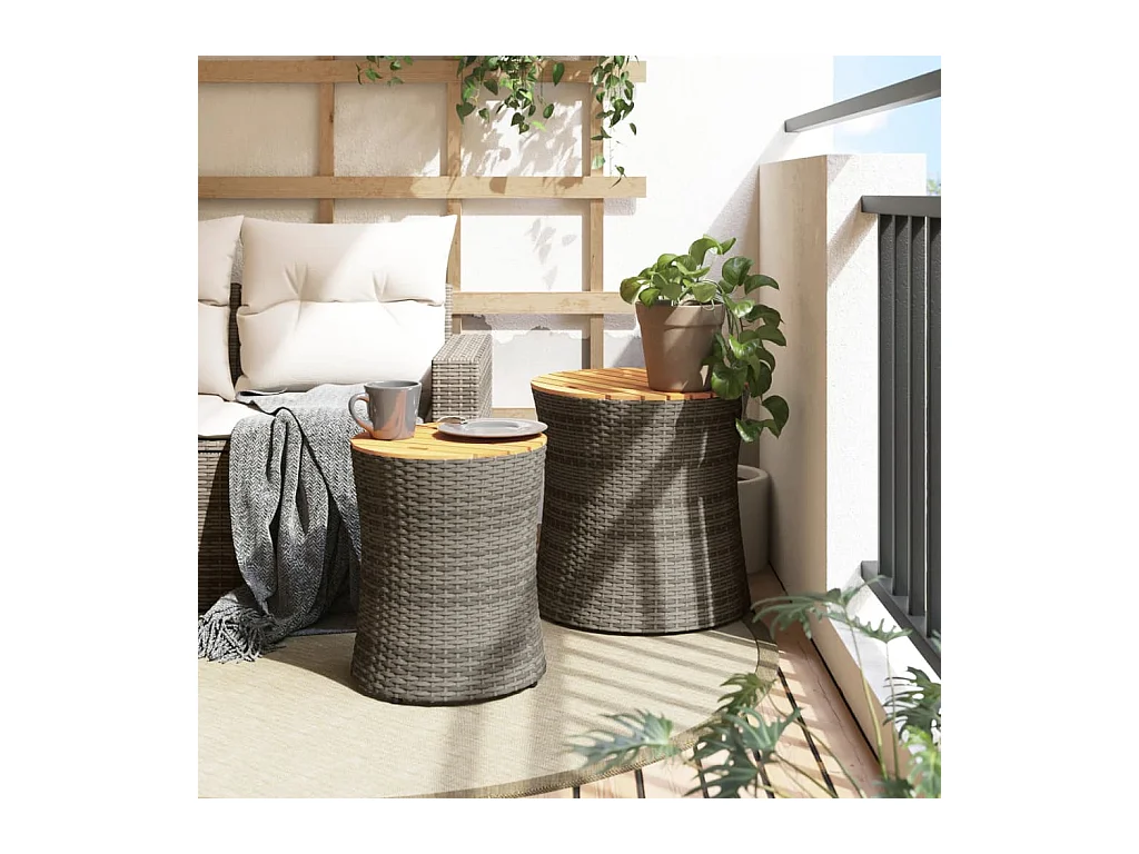 stuks tuintafels grijs houten blad poly rotan