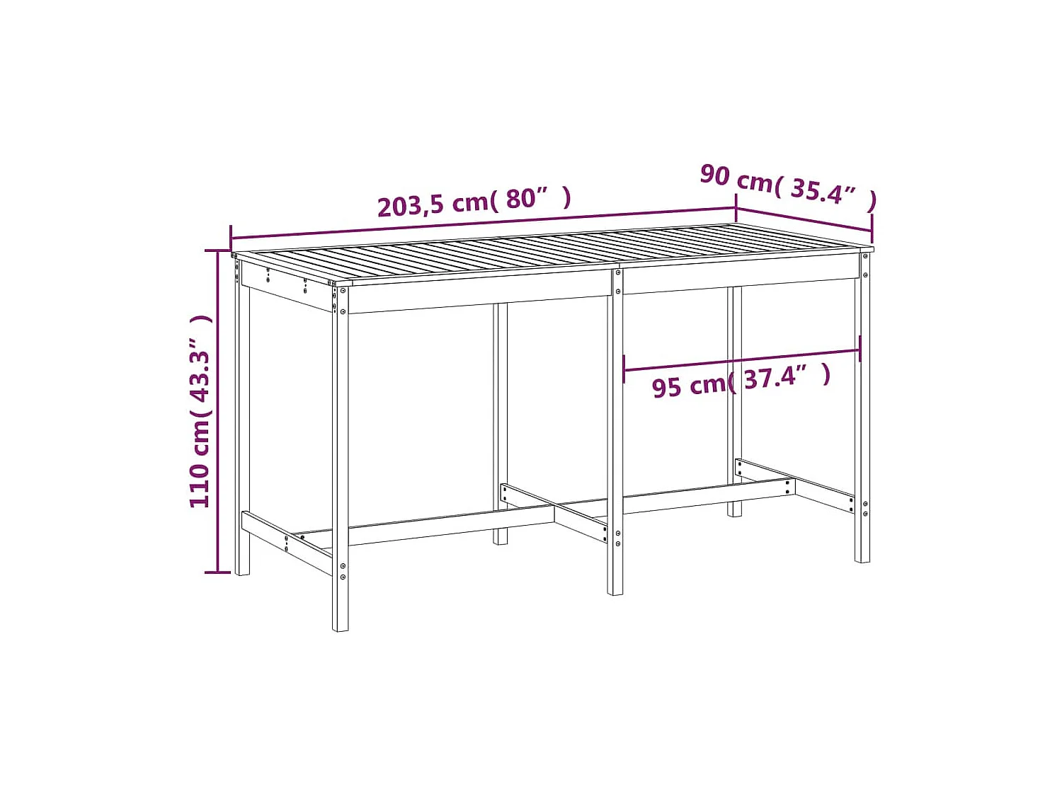 Table de jardin 203,5x90x110 cm bois massif de pin
