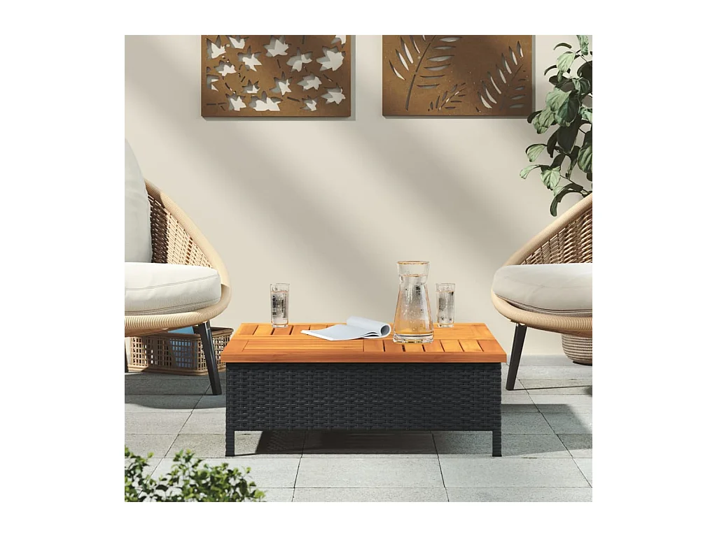 Zwarte tuintafel 70x70x25 cm gevlochten hars en acaciahout