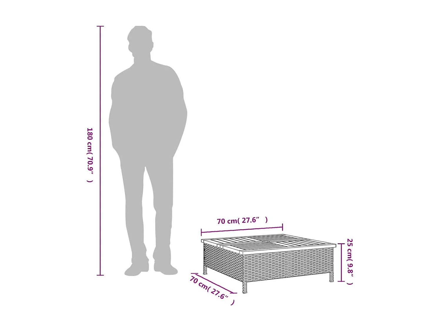 Tavolo da giardino nero 70x70x25 cm in resina intrecciata e legno di acacia