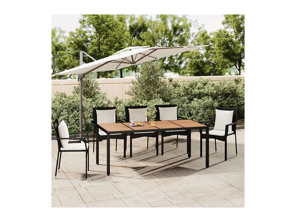 Tuintafel met zwart houten blad, massief hout gevlochten hars