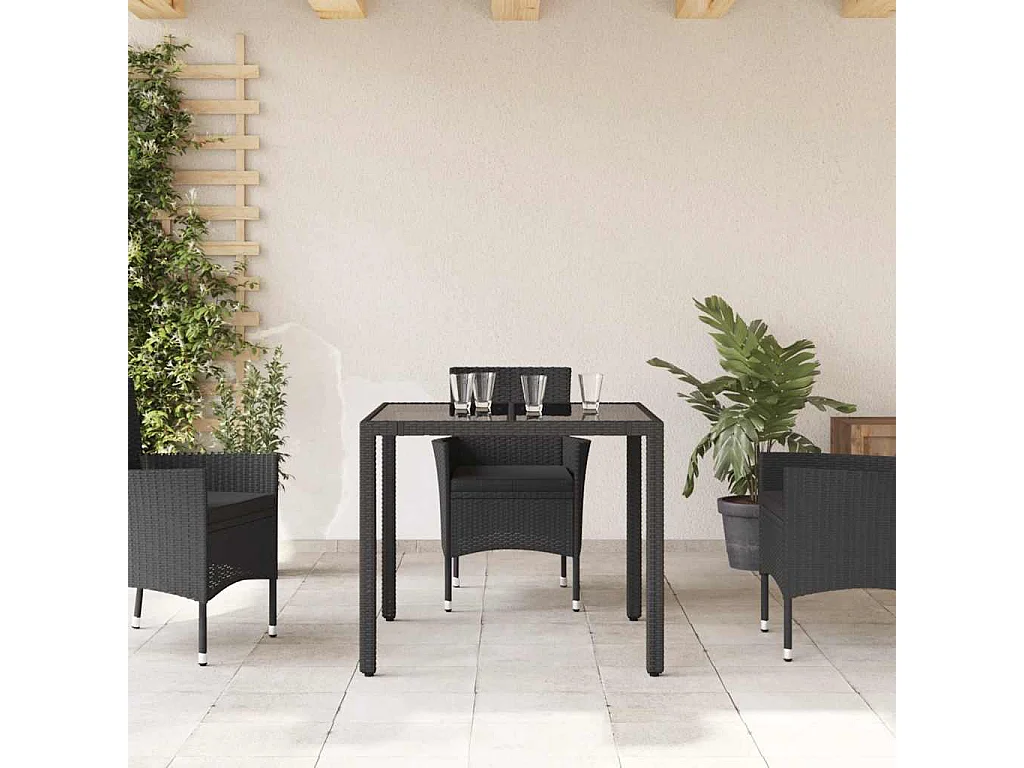 Tavolo da giardino con piano in vetro, nero, 90x90x75 cm, resina intrecciata