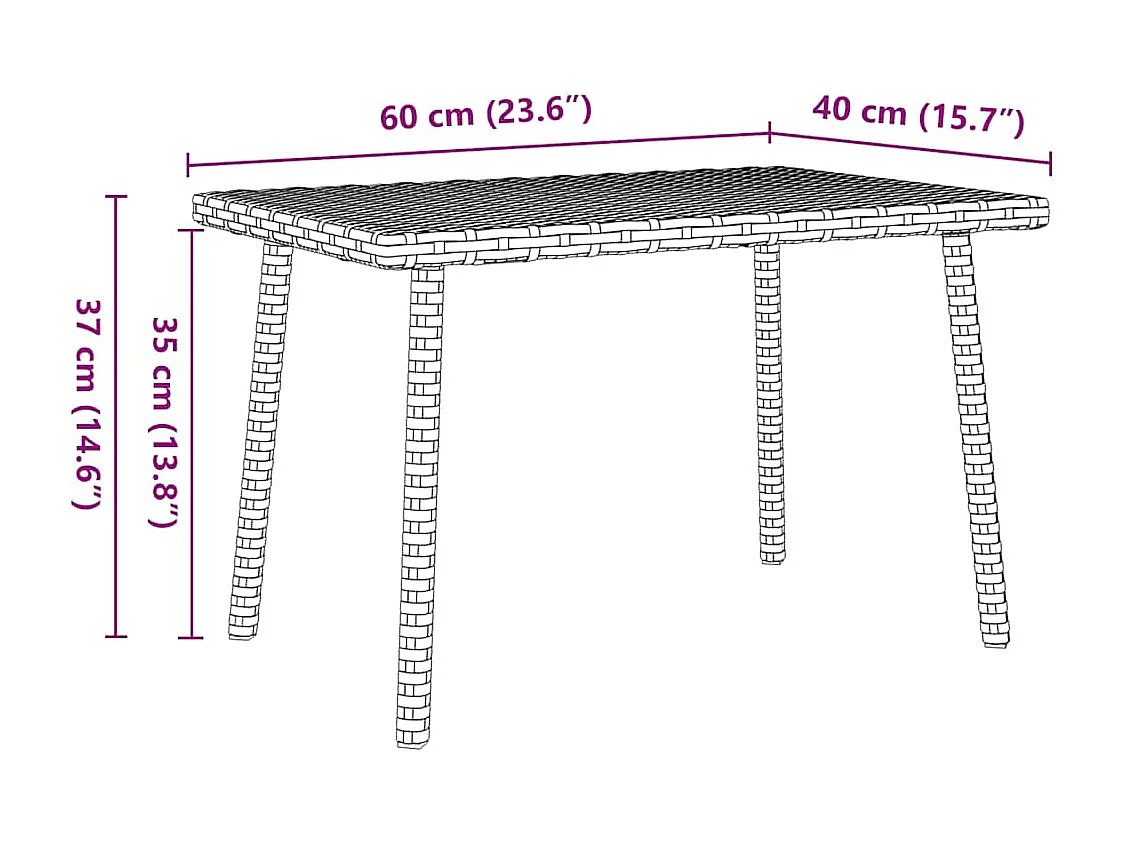 Table basse de jardin rectangulaire gris 60x40x37 cm rotin