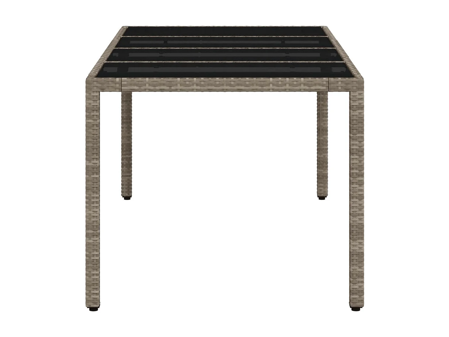 Mesa de jardín con tablero de cristal gris claro y resina trenzada.