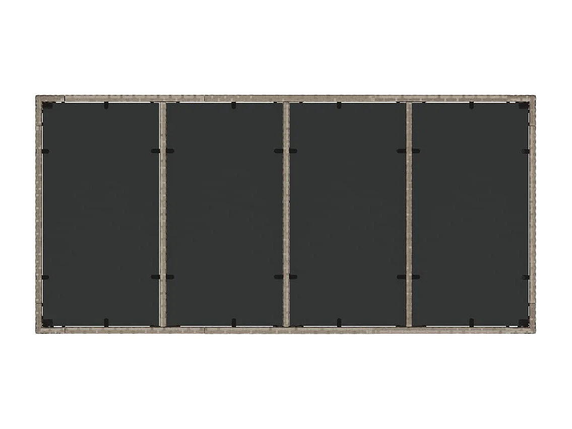 Mesa de jardín con tablero de cristal gris claro y resina trenzada.