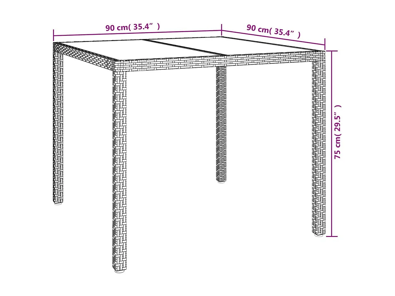 Tavolo da giardino 90x90x75cm Vetro temperato e resina intrecciata Bianco