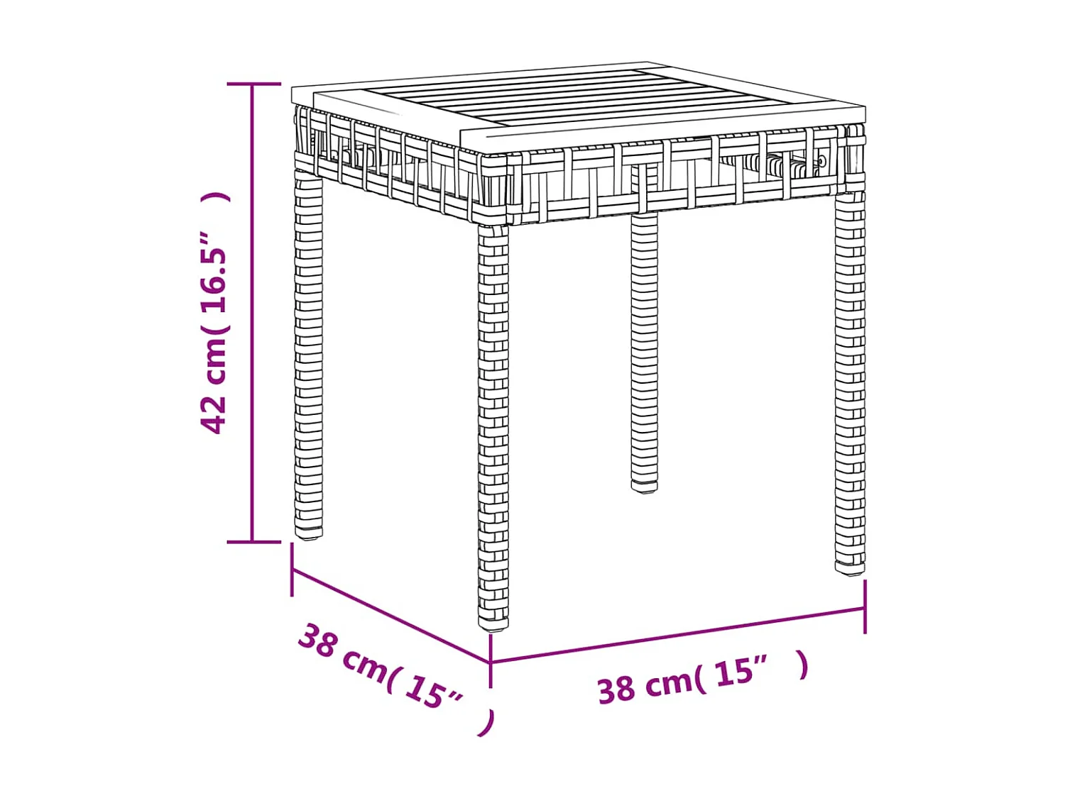 Zwarte tuintafel 38x38x42 cm gevlochten hars en acaciahout