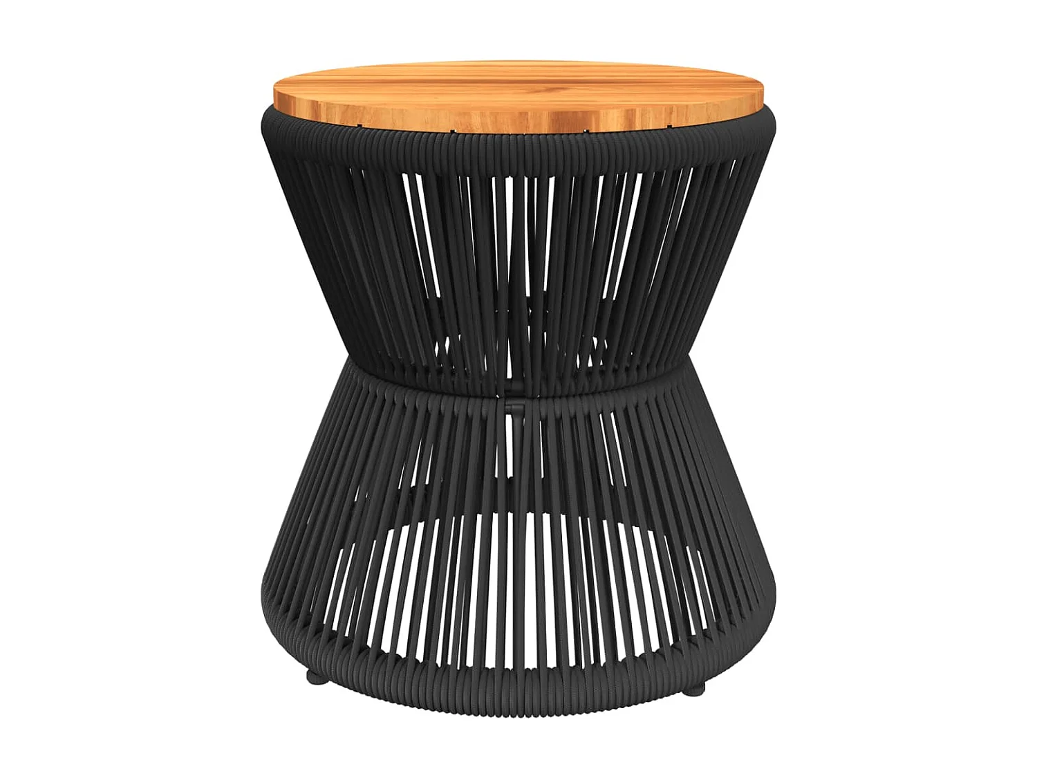 Mesa de centro con base de alambre negro fabricada en madera maciza de acacia.