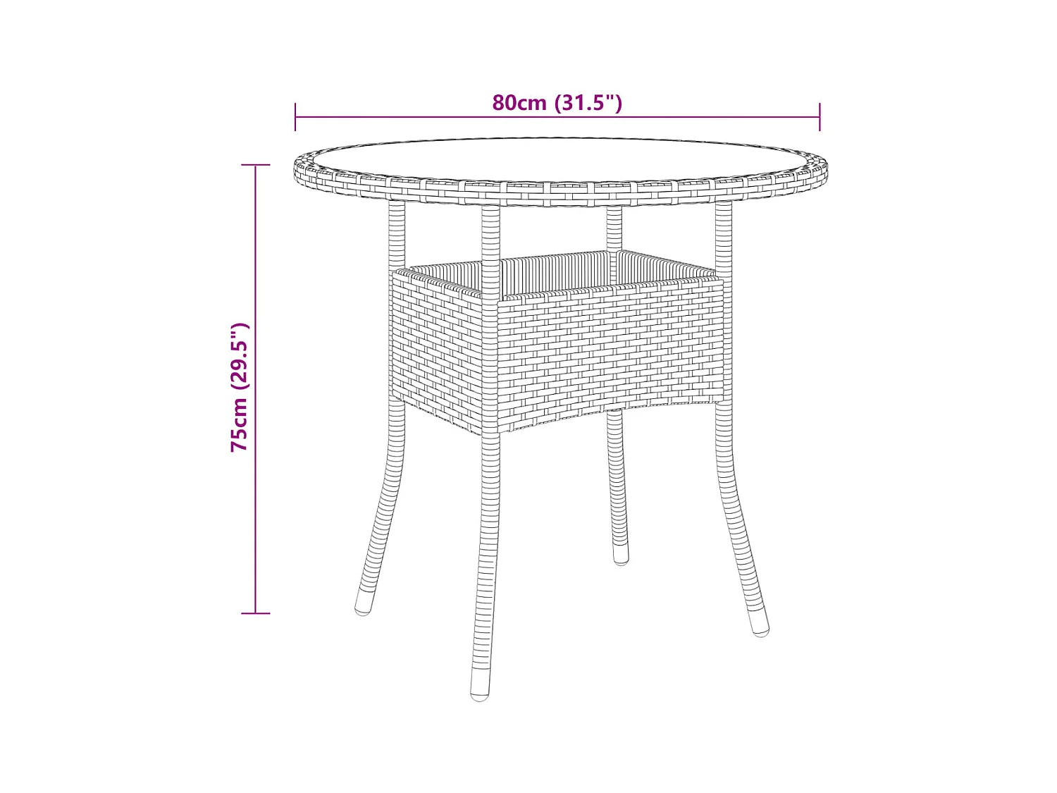 Tuintafel Ø80x75 cm Gehard glas/gevlochten hars Zwart