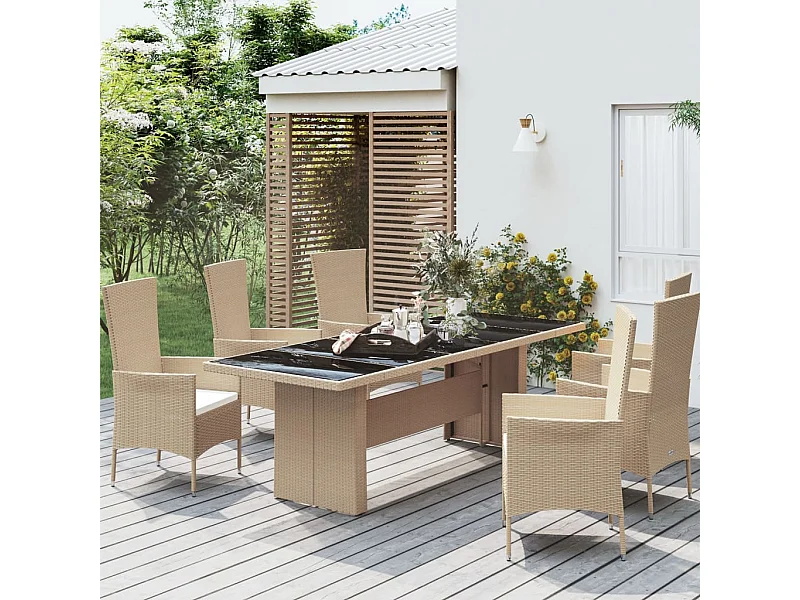 Mesa de jardín con tapa de cristal, resina tejida y cristal templado.