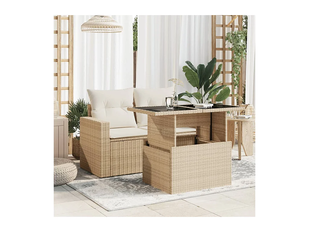 Tuintafel met beige glazen blad 100x55x73 cm polyrotan