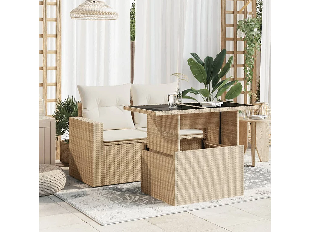 Mesa de jardín con tablero de cristal beige 100x55x73 cm ratán sintético