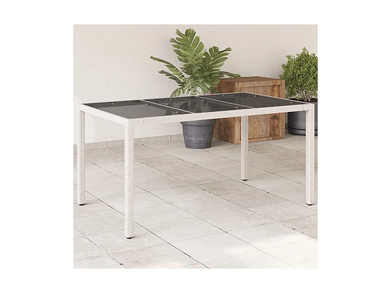 Tuintafel met wit glazen blad en gevlochten hars