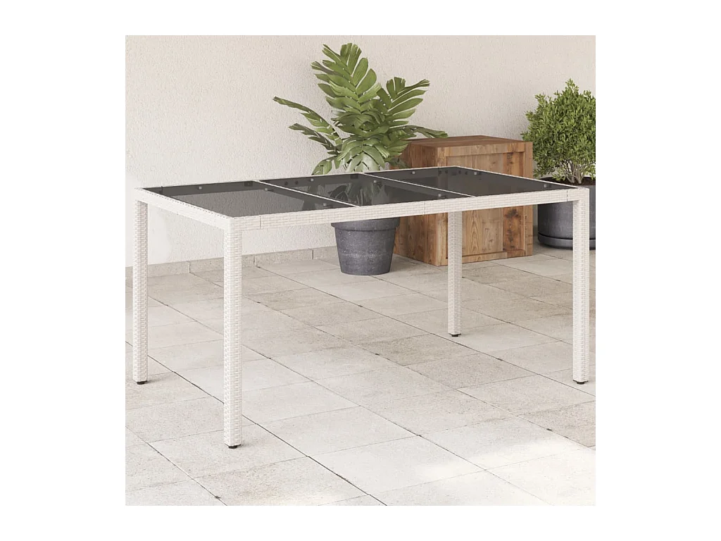 Tuintafel met wit glazen blad en gevlochten hars