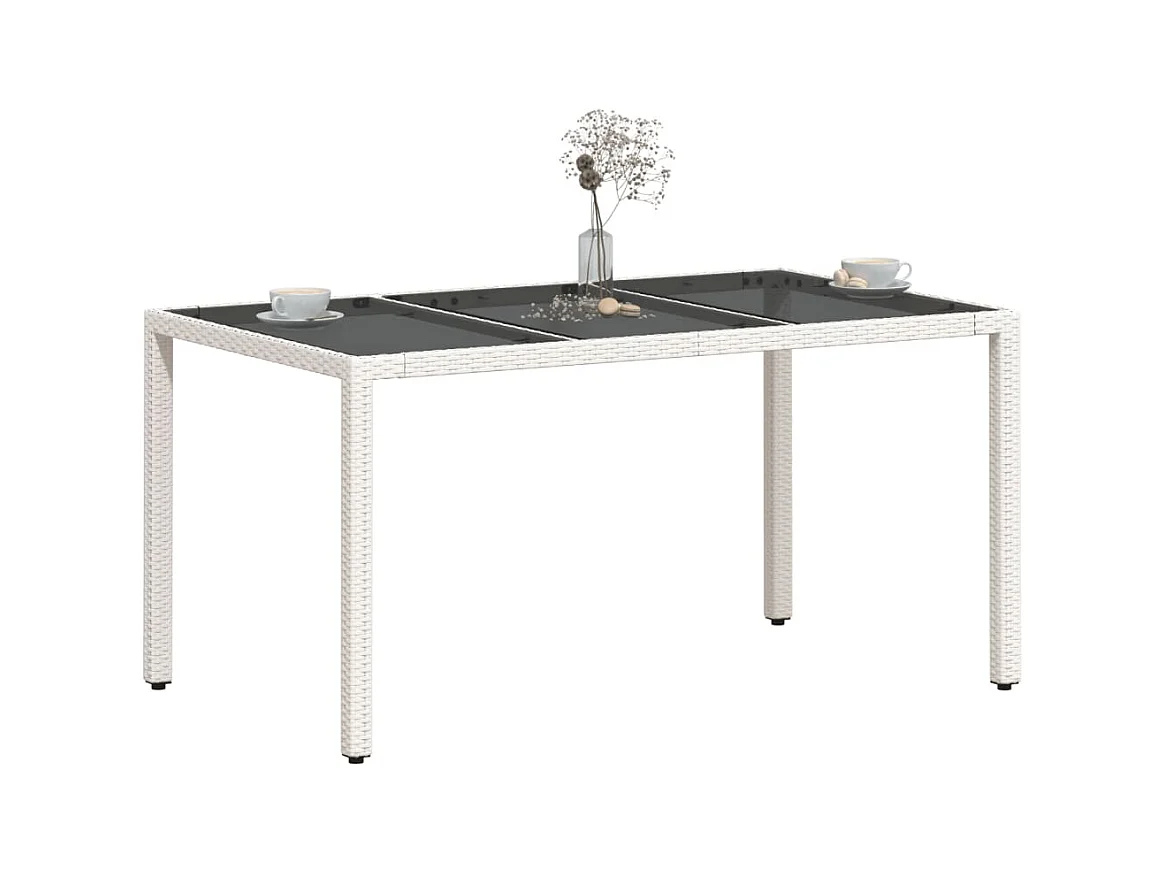 Tuintafel met wit glazen blad en gevlochten hars
