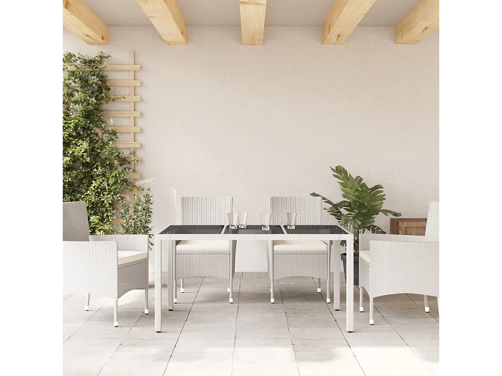 Tavolo da giardino con piano in vetro bianco e resina intrecciata