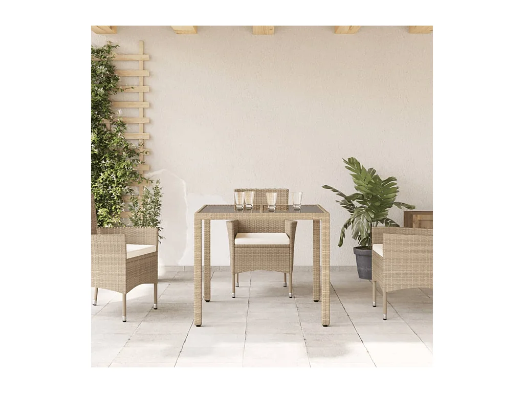 Tuintafel met beige glazen blad 90x90x75cm geweven hars
