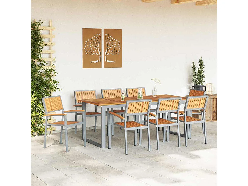 Juego de comedor de jardín de 9 piezas en gris y marrón