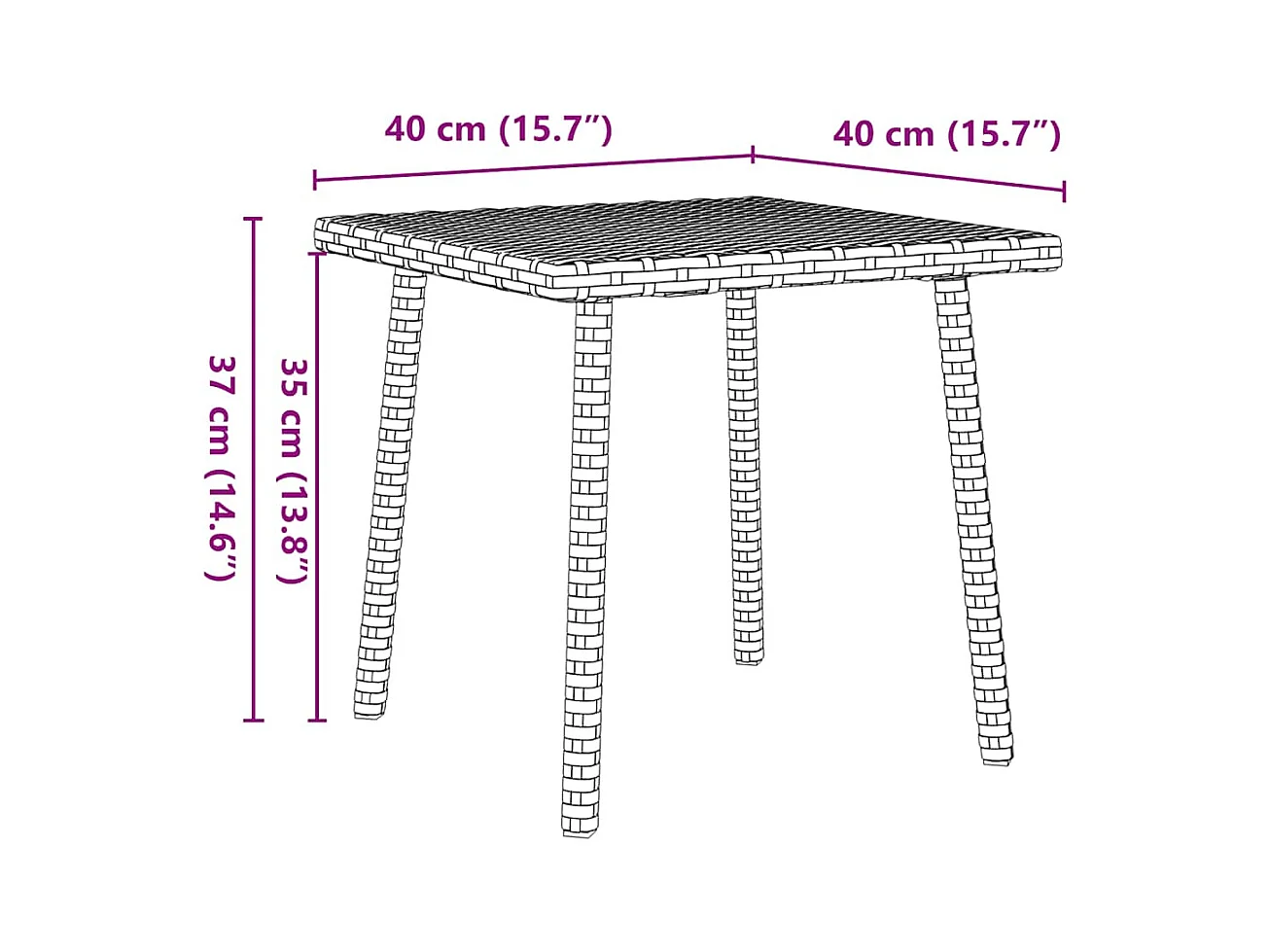Table basse de jardin rectangulaire gris 40x40x37 cm rotin