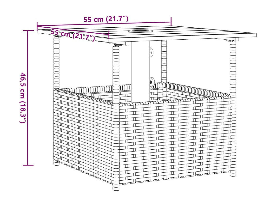 Tuintafel met parasolgat in zwart rieten hars