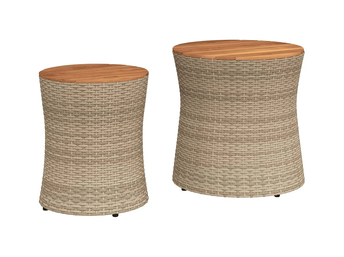 stuks tuintafels met beige houten blad en polyrotan