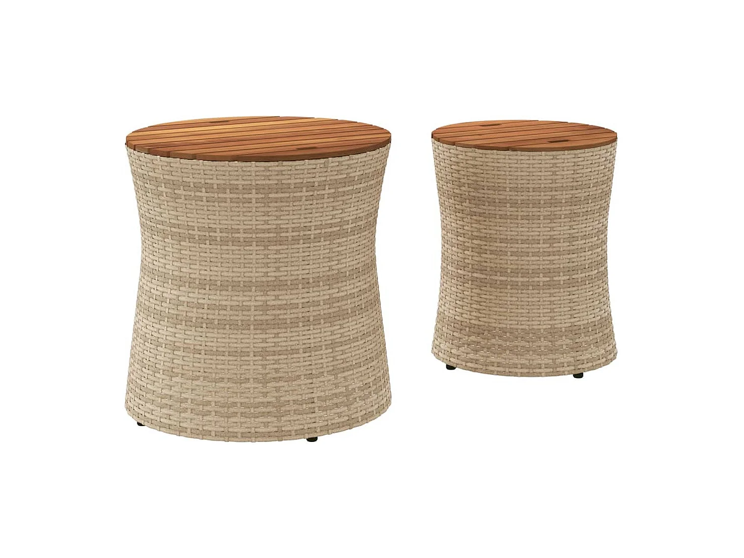 stuks tuintafels met beige houten blad en polyrotan