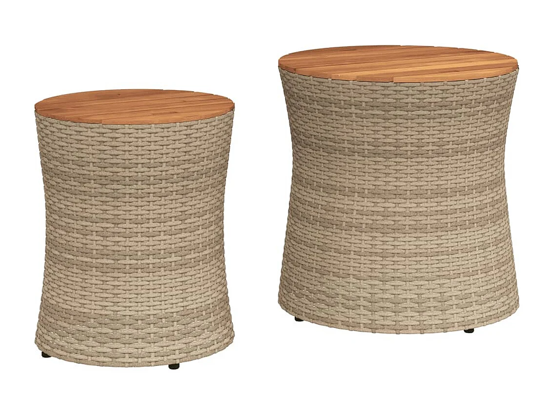 mesas auxiliares de jardín con tablero de madera beige y ratán sintético
