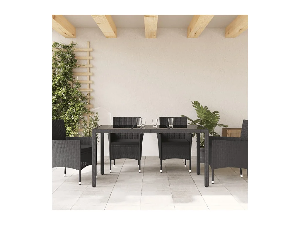 Mesa de jardín con tapa de cristal, color negro, 150x90x75cm, resina trenzada