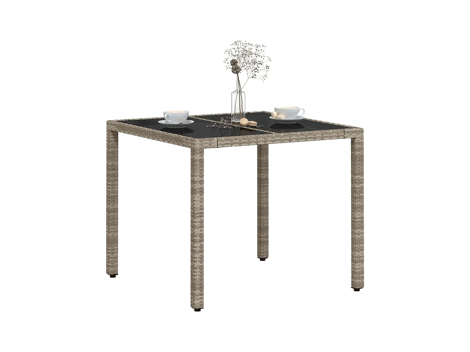 Tuintafel met lichtgrijs glazen blad en gevlochten hars