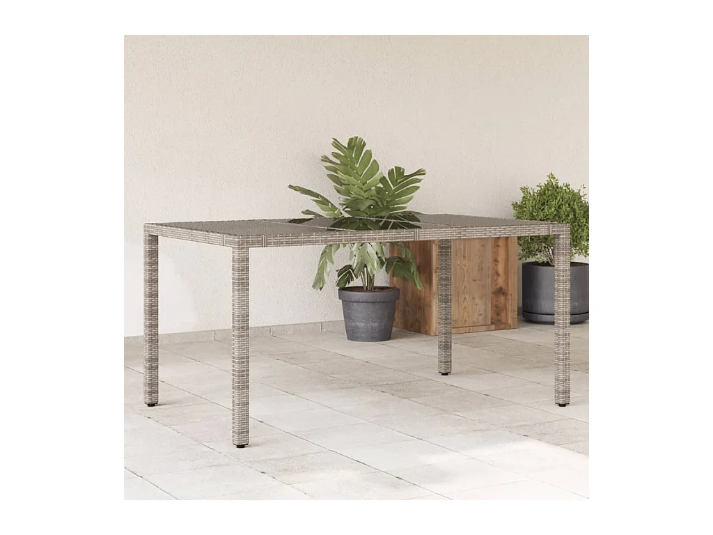 Tuintafel met glazen blad, grijs, 150x90x75cm, geweven hars