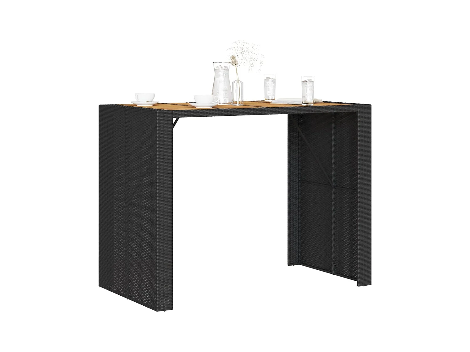 Mesa de bar de jardín con tablero de madera de acacia y resina tejida.