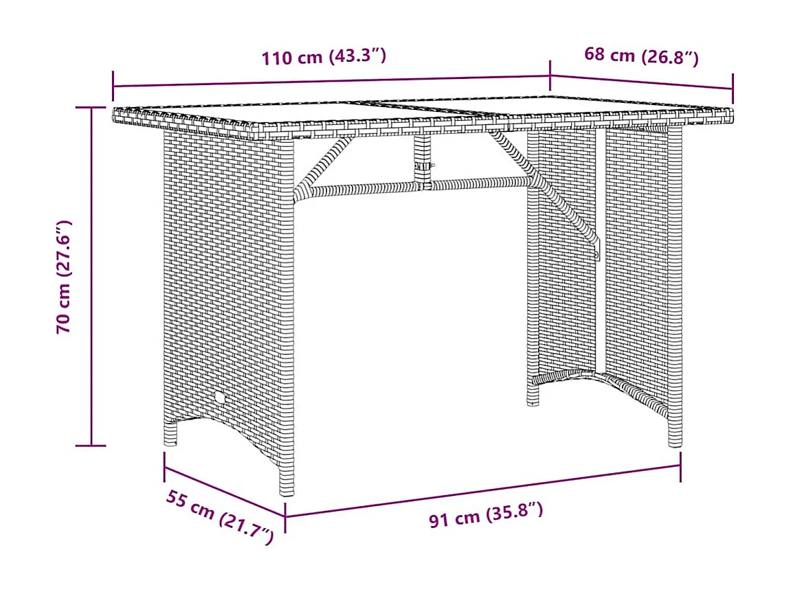 Tuintafel met zwart glazen blad 110x68x70 polyrotan