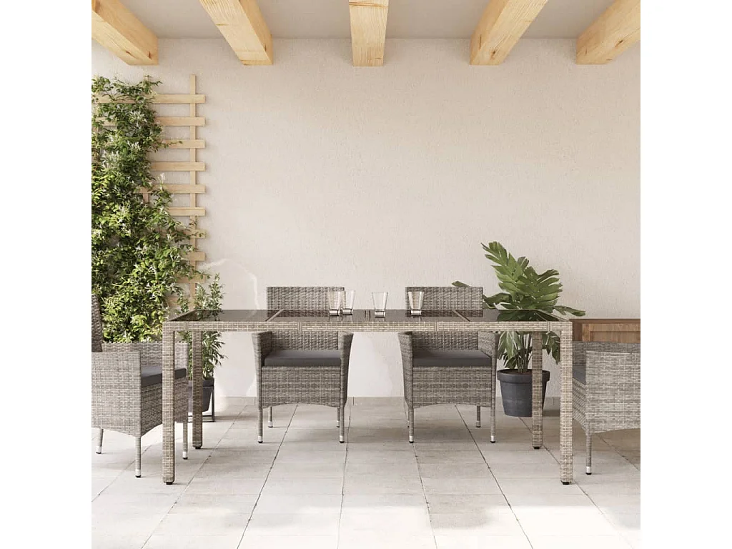 Tavolo da giardino con piano in vetro, Grigio, 190x90x75cm, resina intrecciata
