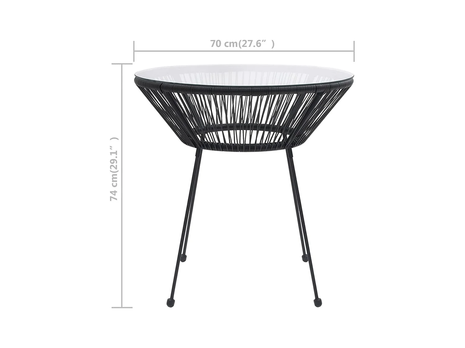 Mesa de comedor de jardín negra Ø70x74 cm Ratán y cristal