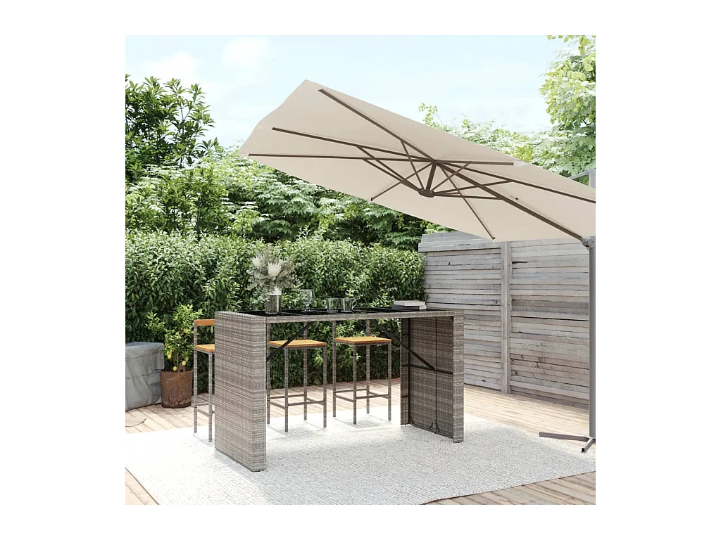 Bartafel met grijs glazen blad 185x80x110 cm polyrotan