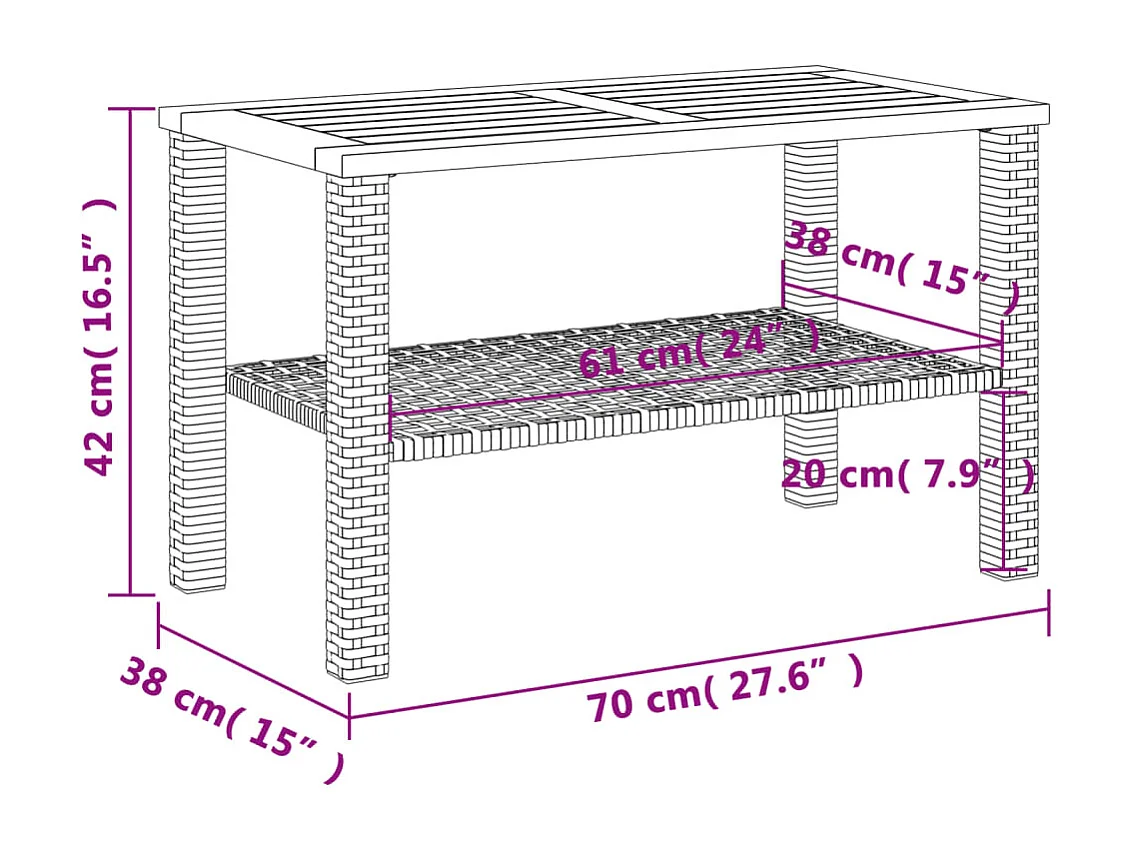 Grijze tuintafel 70x38x42 cm gevlochten hars en acaciahout