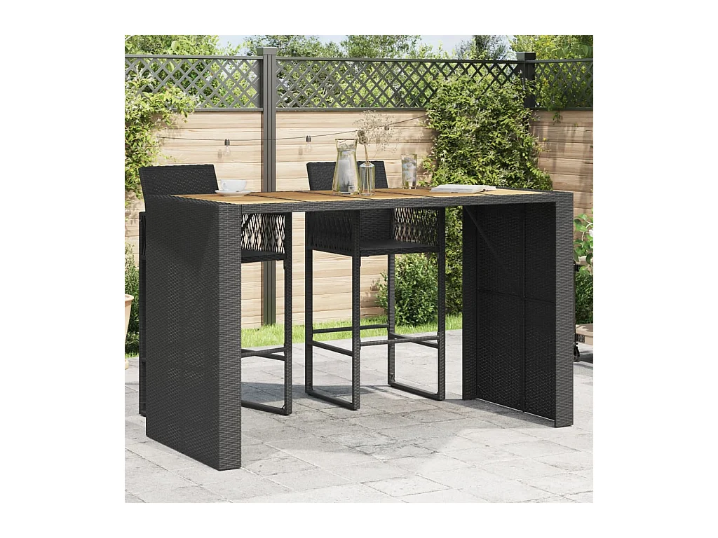 Mesa de bar de jardín con tablero de madera de acacia y resina tejida.