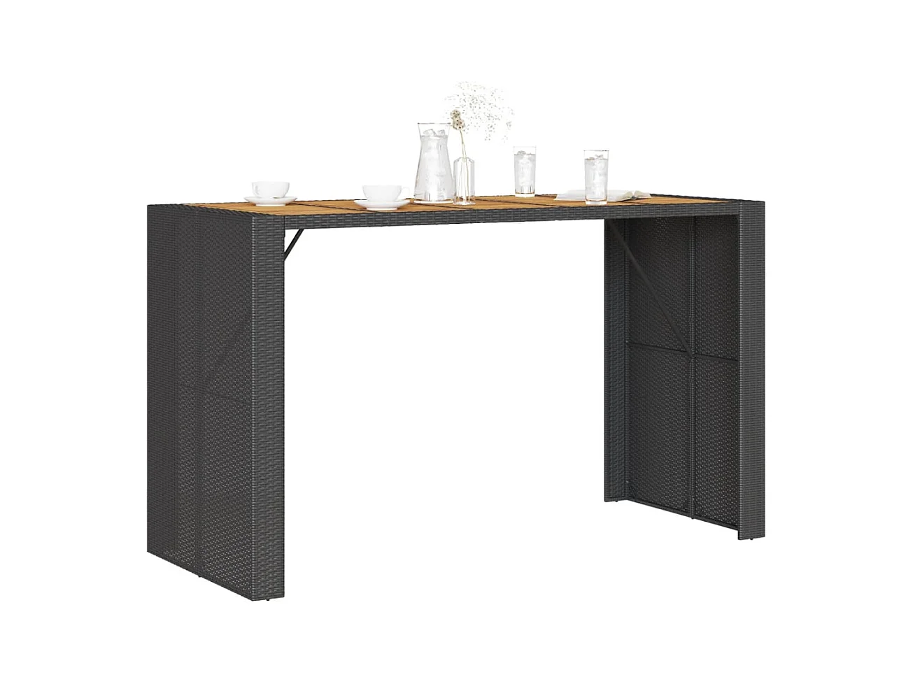 Mesa de bar de jardín con tablero de madera de acacia y resina tejida.