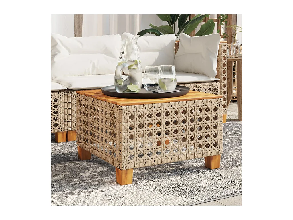 Table de jardin beige 55x55x36 cm résine tressée et bois acacia