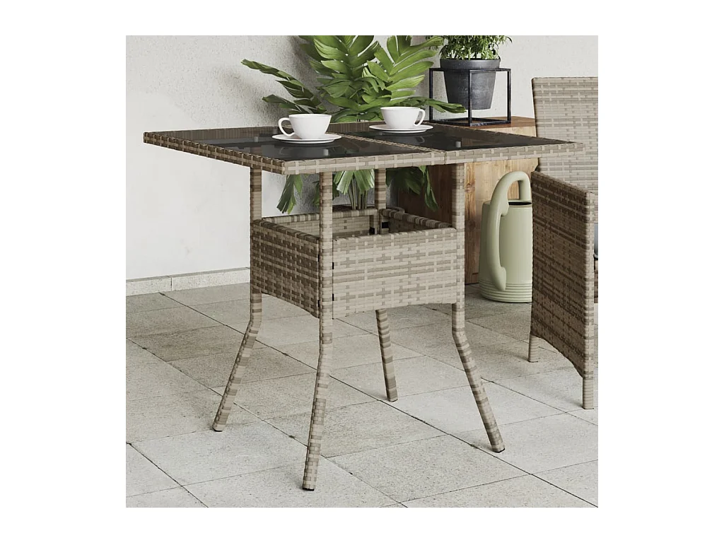 Tuintafel met grijs glazen blad 80x80x75 cm geweven hars