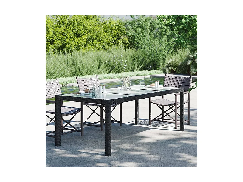 Mesa de jardín negra 190x90x75 cm Cristal templado/resina tejida