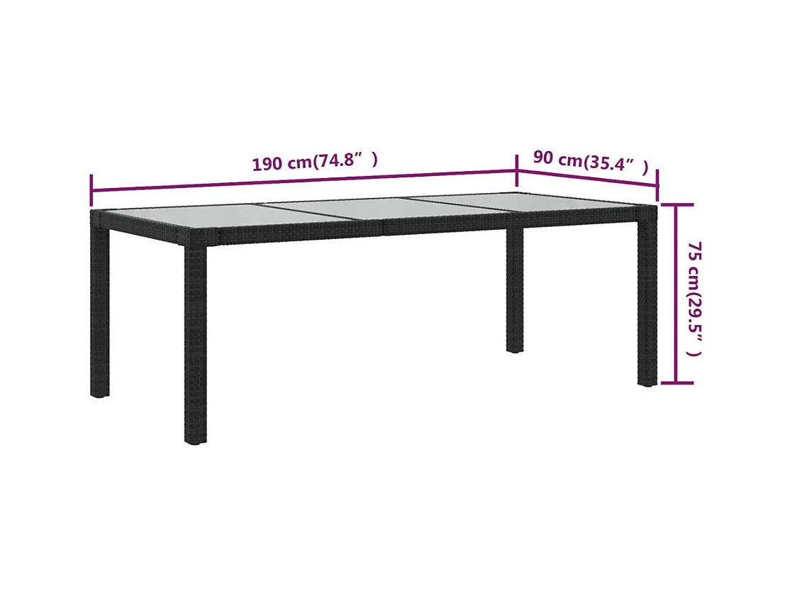 Mesa de jardín negra 190x90x75 cm Cristal templado/resina tejida