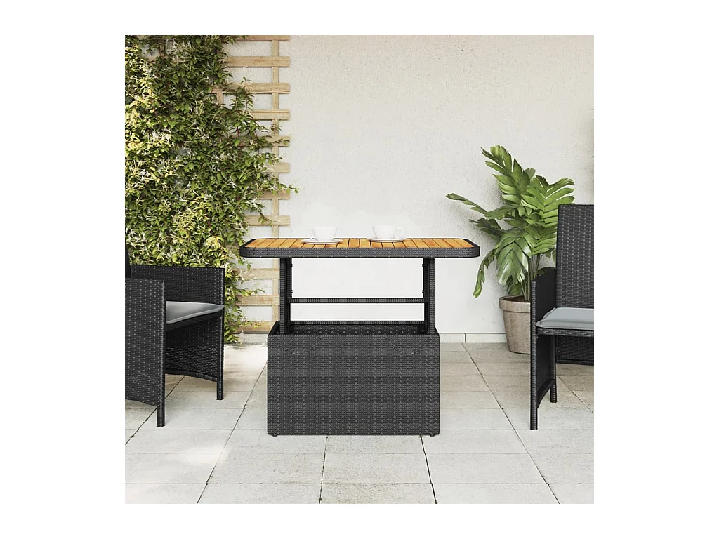 Mesa de jardín negra 90x55x71 cm resina trenzada y madera de acacia